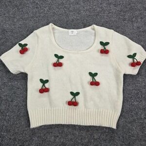 Luna Ivy Sweater Womens Medium White Knit Short Sleeve Cherry Crochet Crop Top
